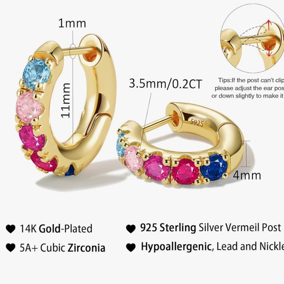 NEW 14k Gold Plated Cubic Zirconia Colorful Gemstone Hoop Earrings - Picture 2 of 3